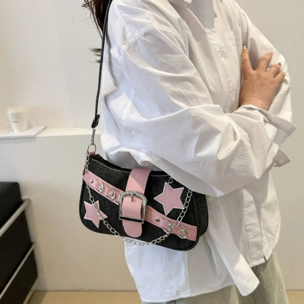 Y2K Star Print Denim Underarm Bag | Women's Chain Shoulder Clutch