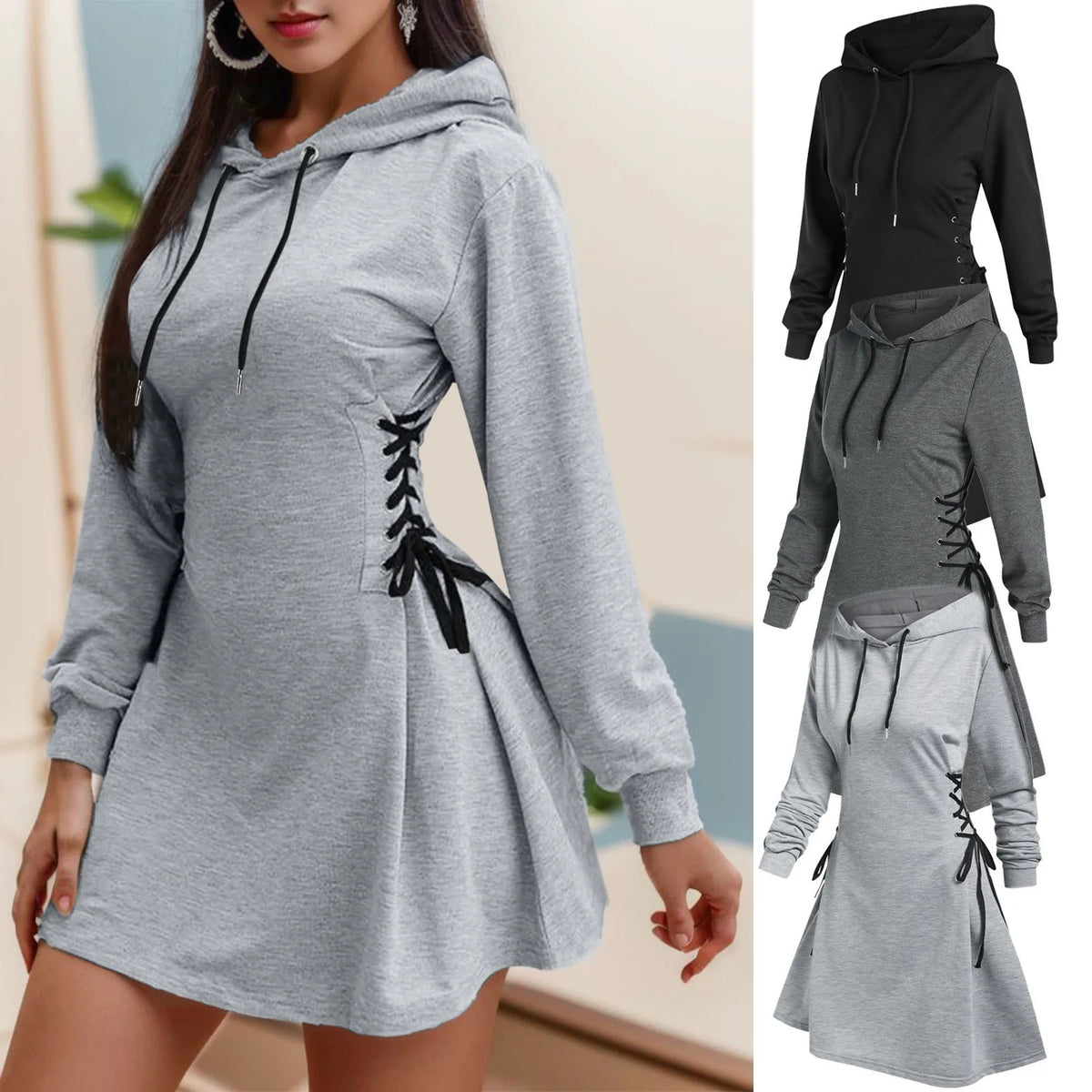 Women's Hooded Sweatshirt Dress with Side Lace-Up | Cozy Autumn Pullover