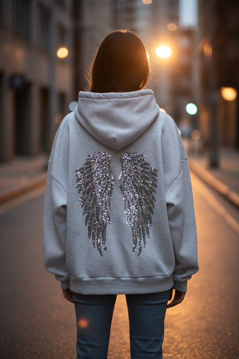 Women's Sequin Angel Wings Hoodie | Y2K Oversized Pullover Jacket