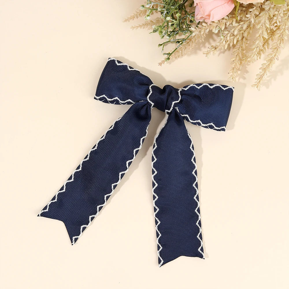 Navy Blue Satin Ribbon Bow Hair Clip – Elegant Fabric Hairpin for Women & Girls