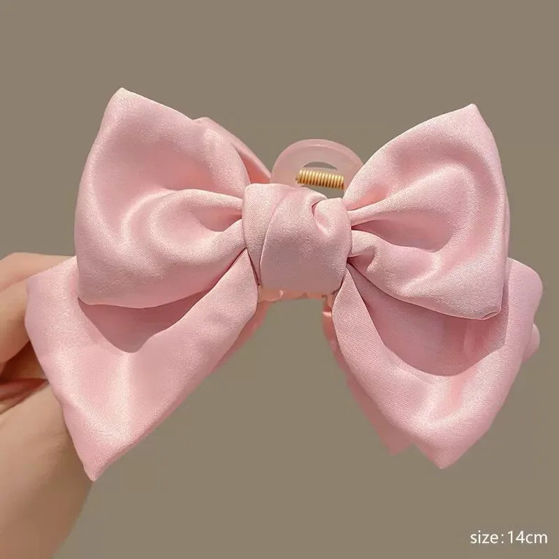 Cream Large Bow Shark Clip for Women – Korean Style Elegant Chiffon Hair Clamp