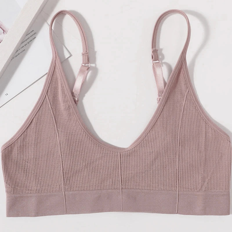 Ribbed V-Neck Bralette for Women – Wireless No-Pad Adjustable Strap Daily Wear Tube Top