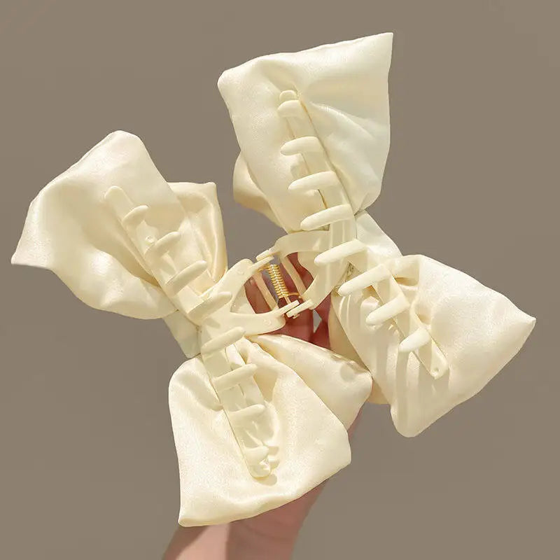 Cream Large Bow Shark Clip for Women – Korean Style Elegant Chiffon Hair Clamp