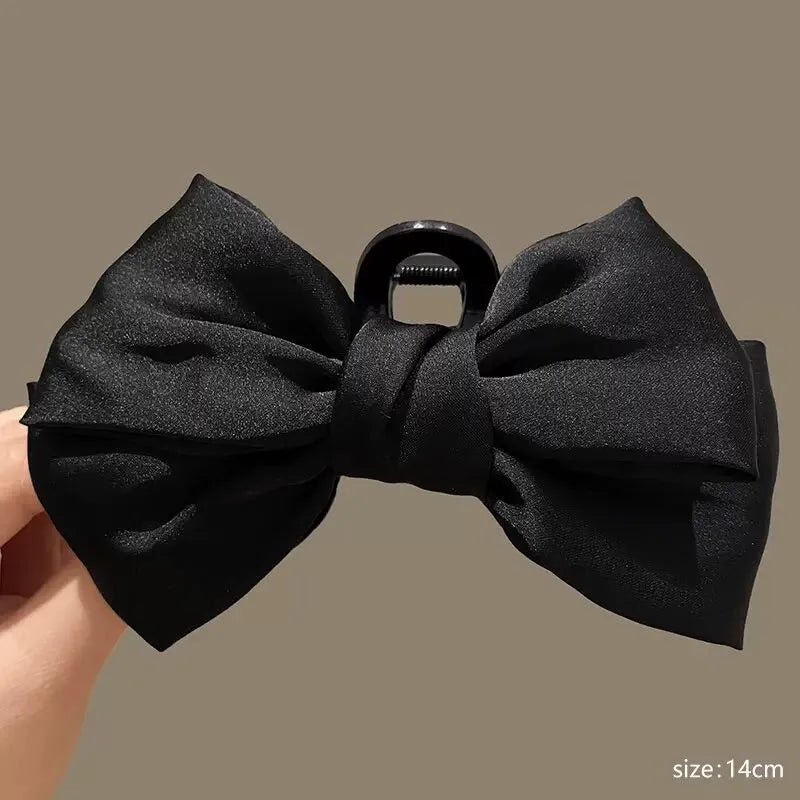 Cream Large Bow Shark Clip for Women – Korean Style Elegant Chiffon Hair Clamp
