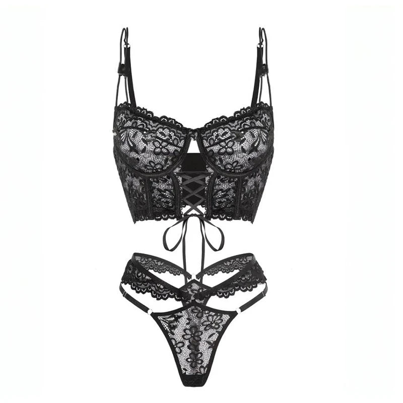 Transparent Black Lace Bra & Brief Set | Sensual Floral Underwire Lingerie