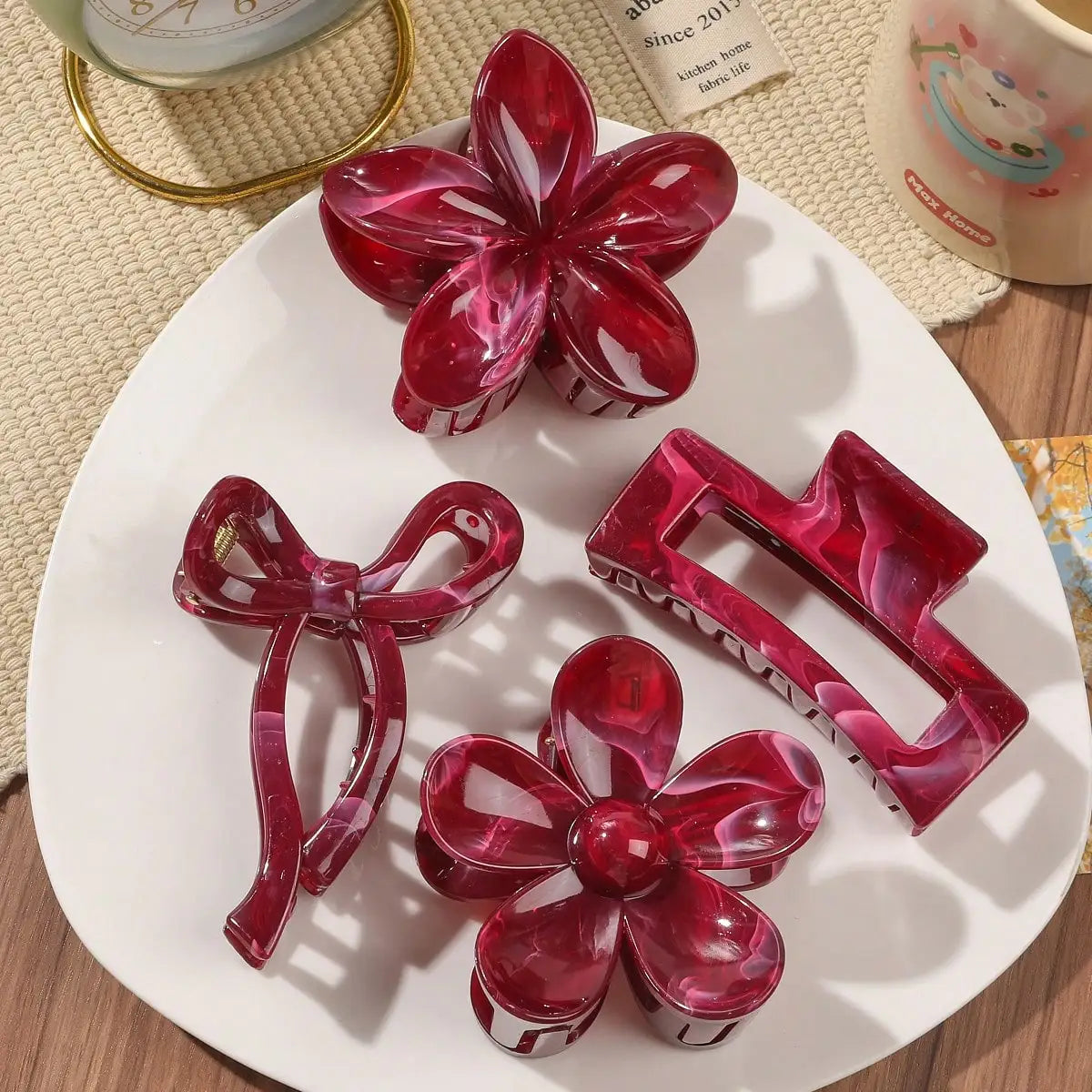 Burgundy Bow Hair Claw Clips Set (4 pcs) | Multi-Style Autumn Red Hair Accessories