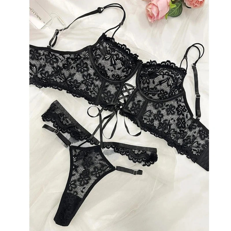 Transparent Black Lace Bra & Brief Set | Sensual Floral Underwire Lingerie