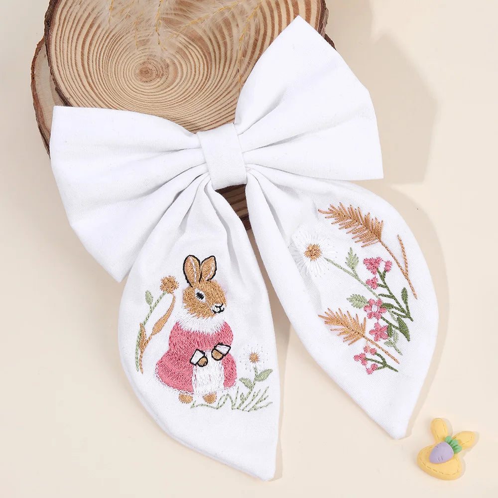 Rabbit Embroidery Bow Hair Clip for Girls – Handmade Bunny Fabric Barrette Kids Accessory