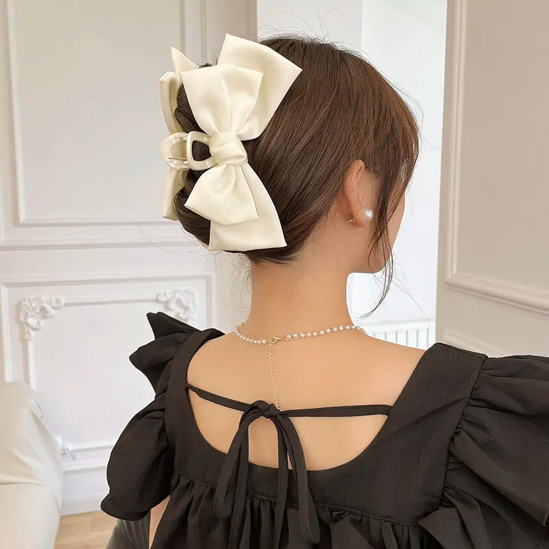 Cream Large Bow Shark Clip for Women – Korean Style Elegant Chiffon Hair Clamp