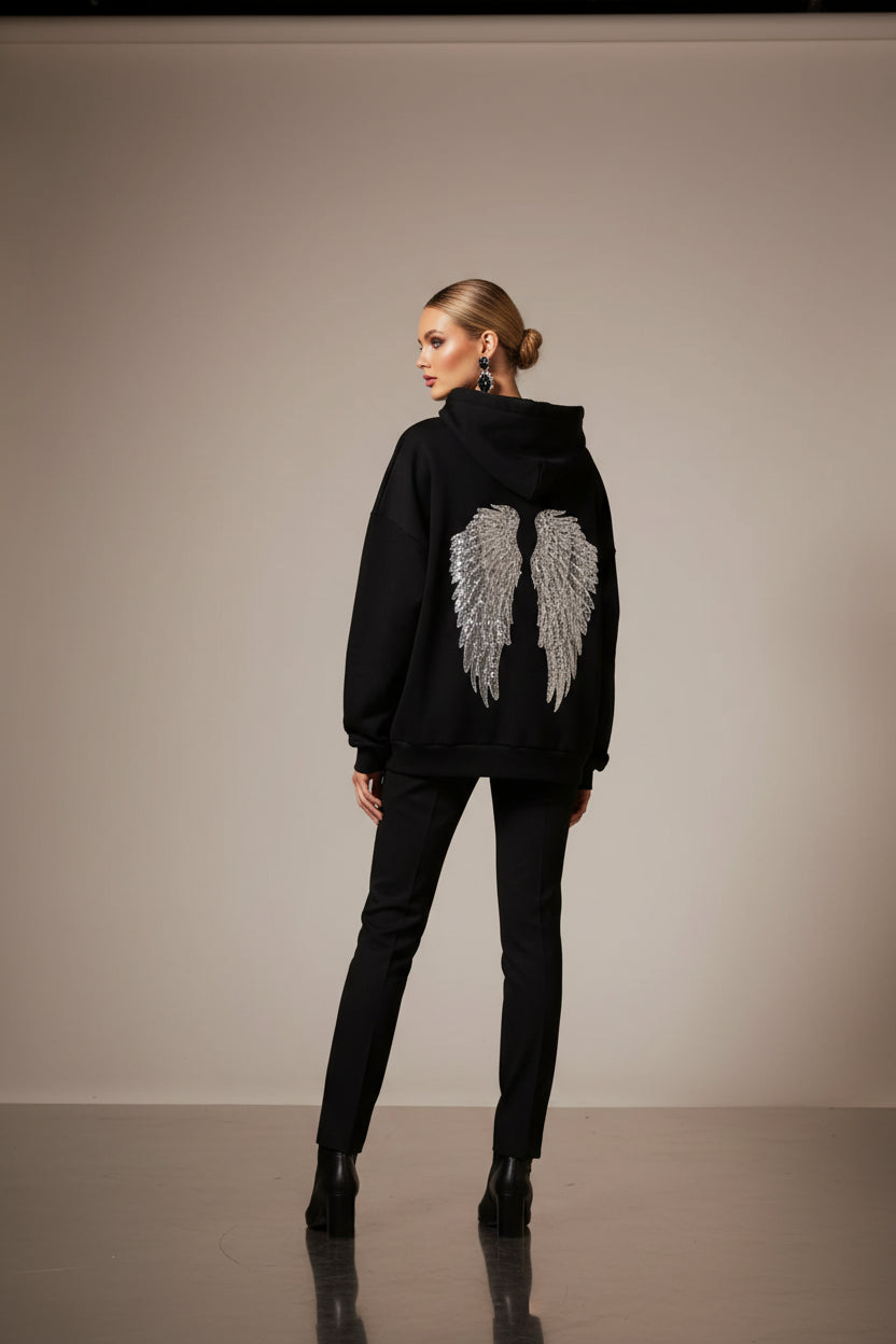 Women's Sequin Angel Wings Hoodie | Y2K Oversized Pullover Jacket