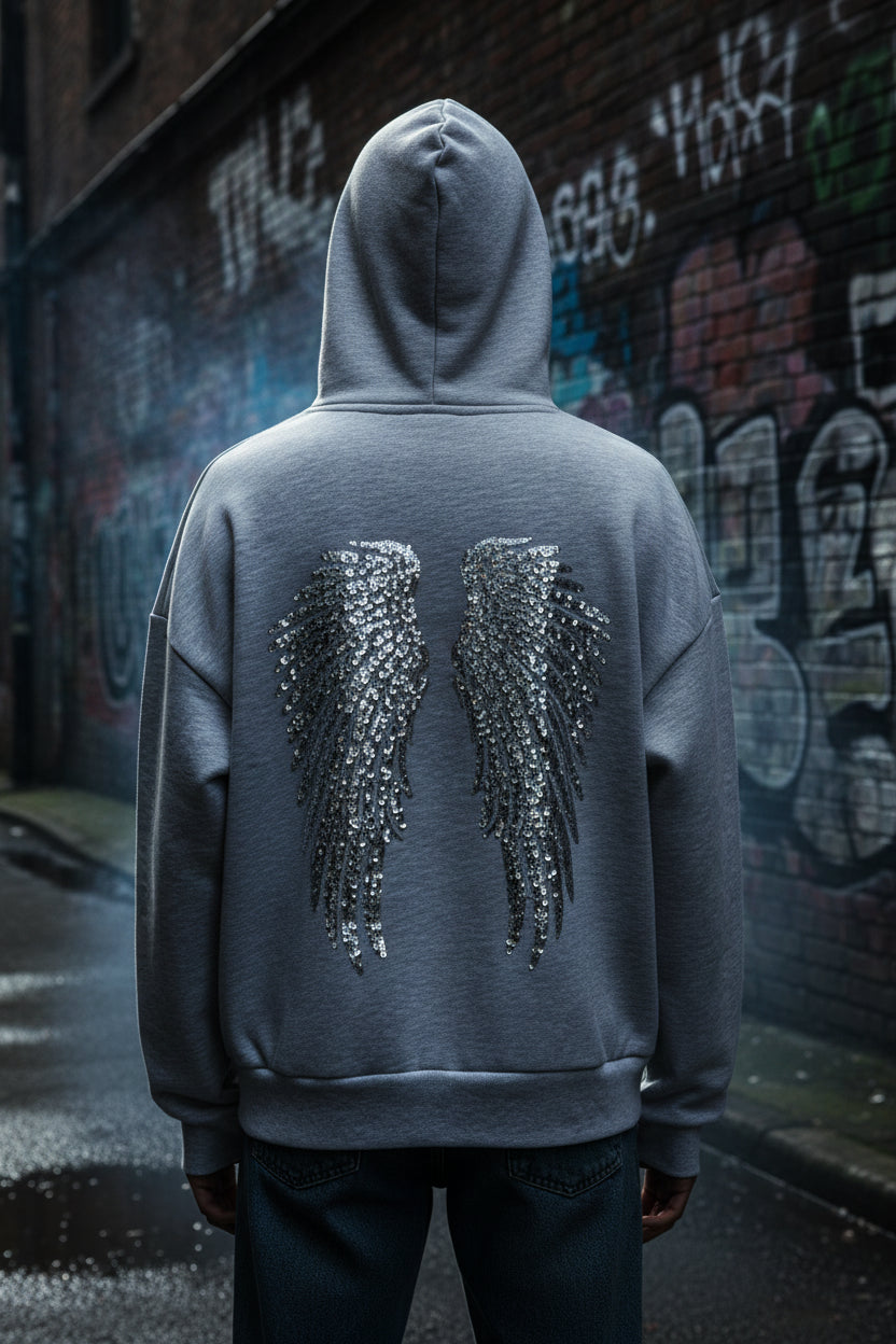 Women's Sequin Angel Wings Hoodie | Y2K Oversized Pullover Jacket