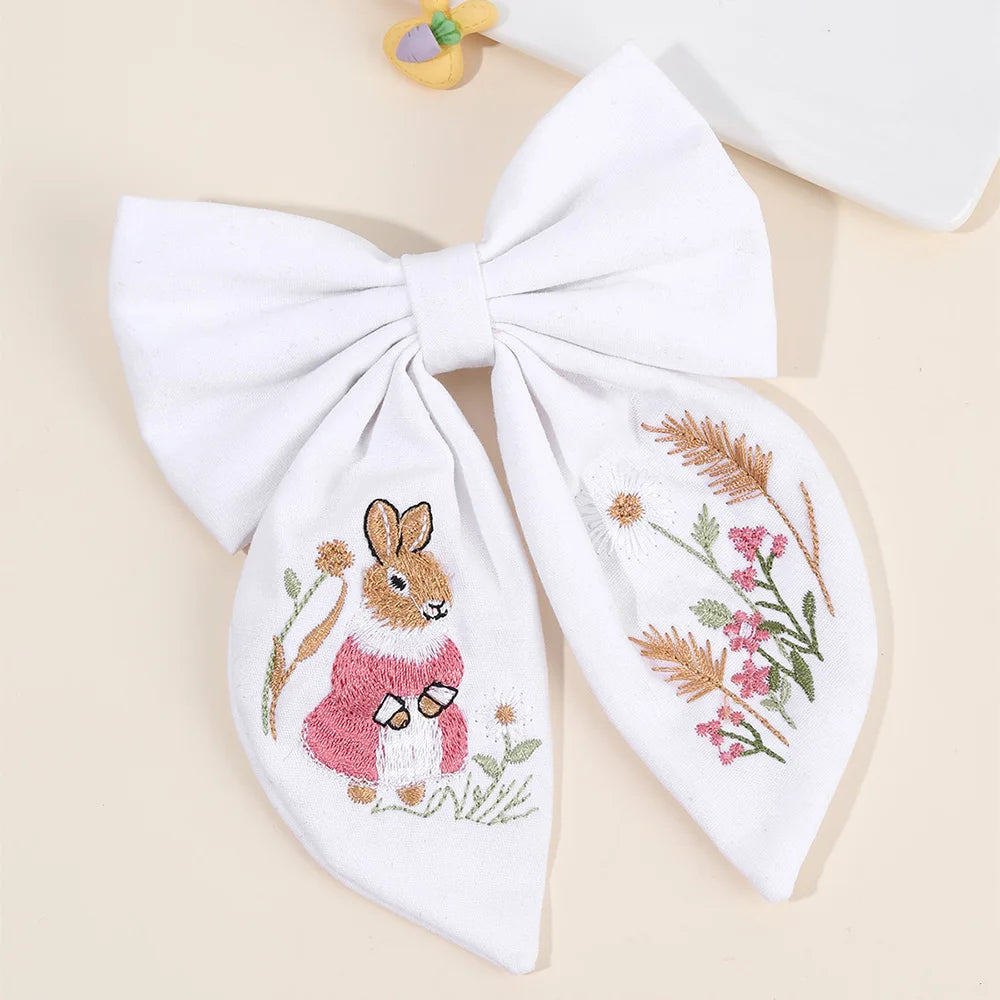 Rabbit Embroidery Bow Hair Clip for Girls – Handmade Bunny Fabric Barrette Kids Accessory