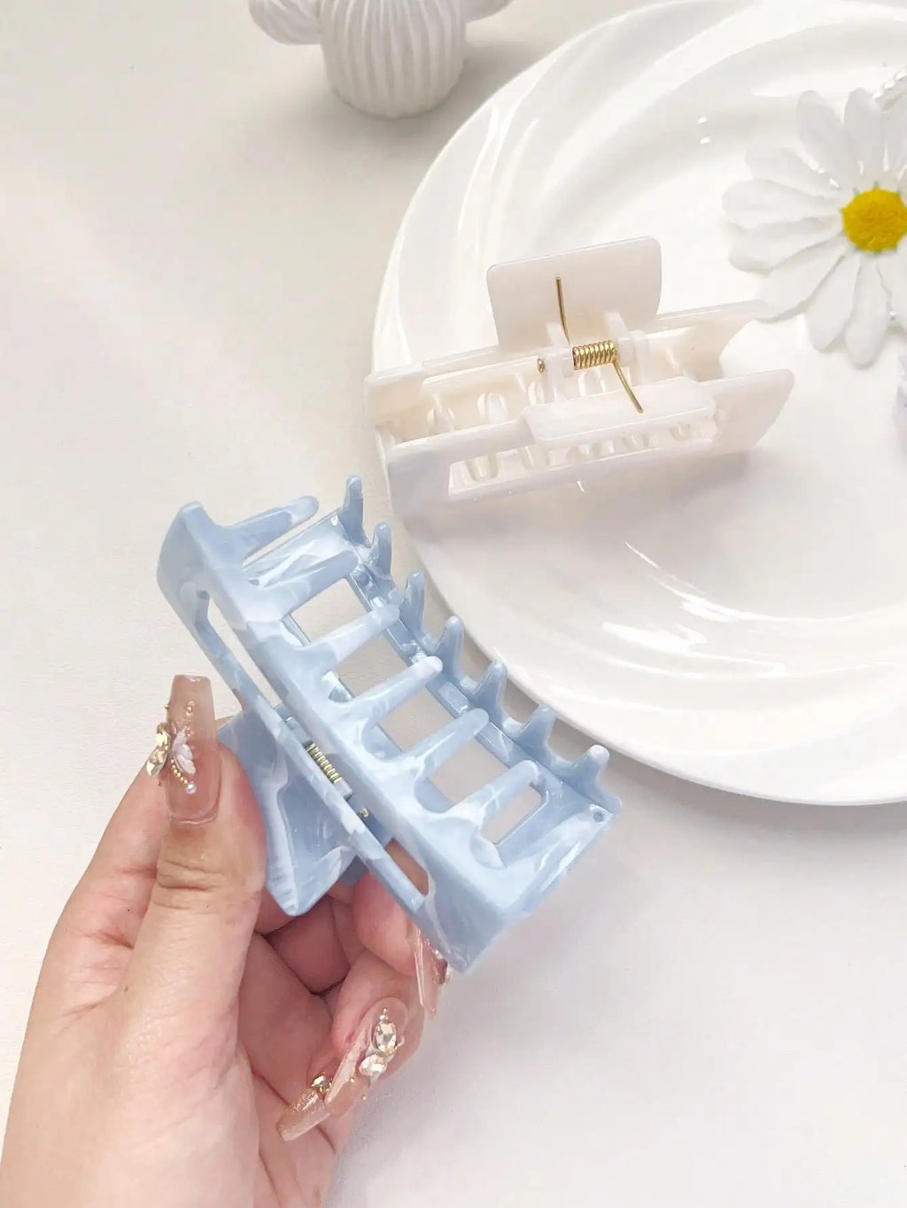 Large Marble Hair Claw Clips Set (2 pcs) | Strong Hold Banana Jaw Clips for Thick Hair