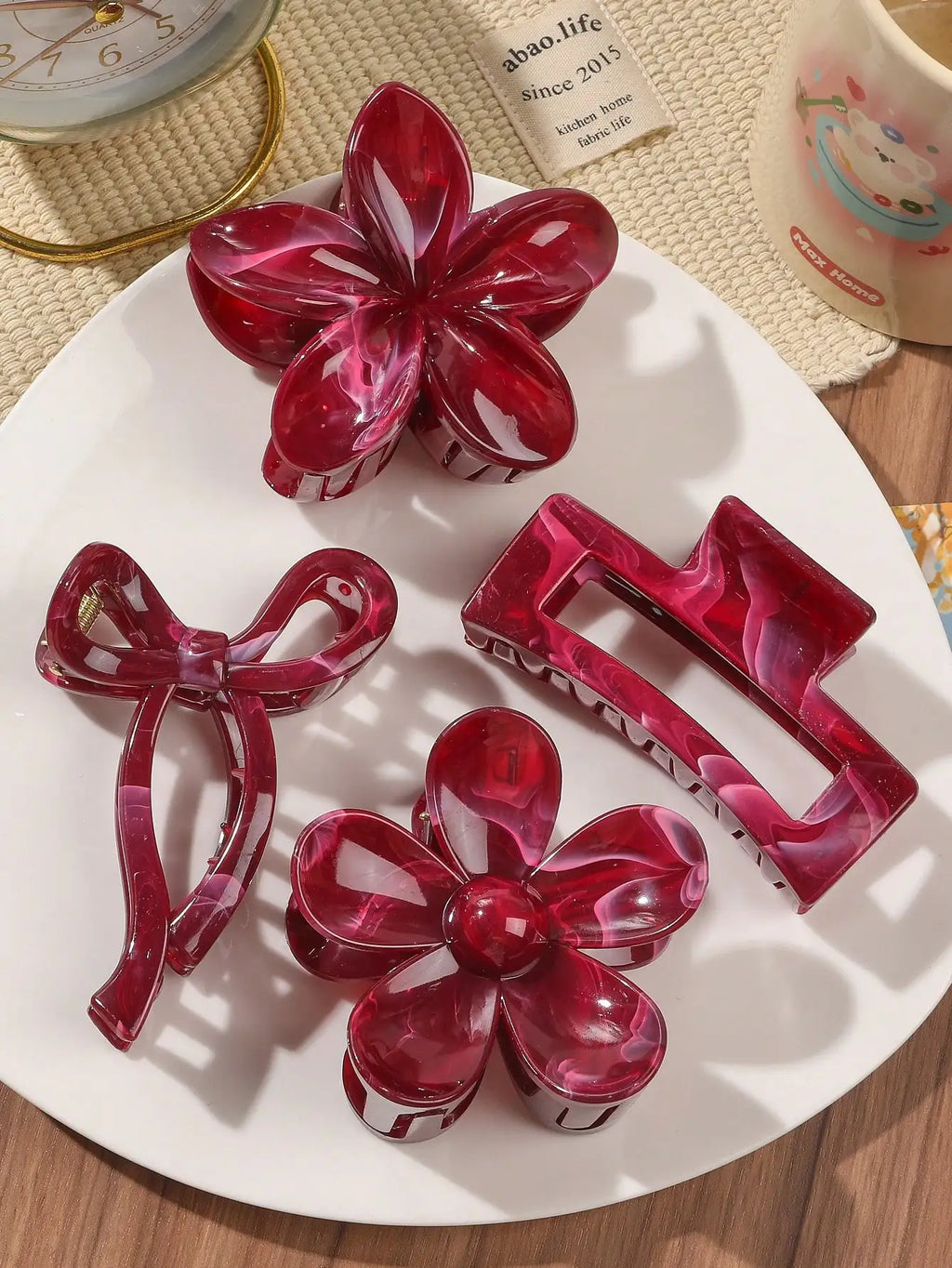 Burgundy Bow Hair Claw Clips Set (4 pcs) | Multi-Style Autumn Red Hair Accessories