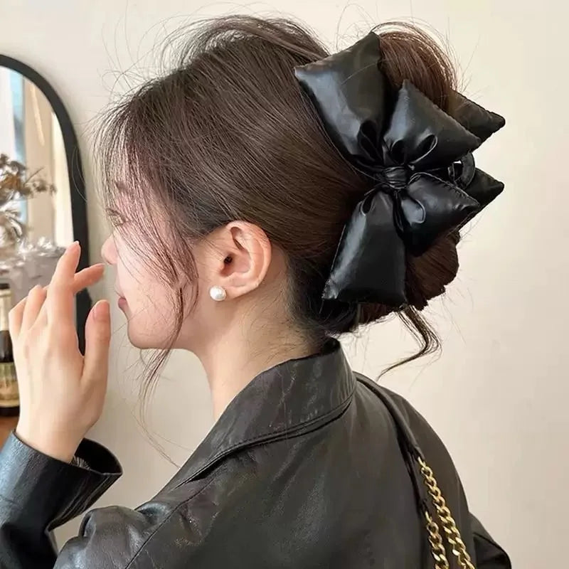 Black PU Leather Bow Hair Clip for Women – Minimalist Statement Barrette Hair Accessory