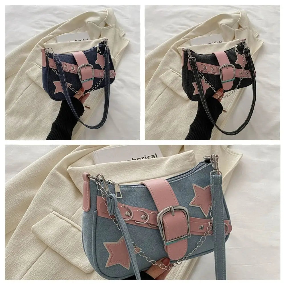 Y2K Star Print Denim Underarm Bag | Women's Chain Shoulder Clutch