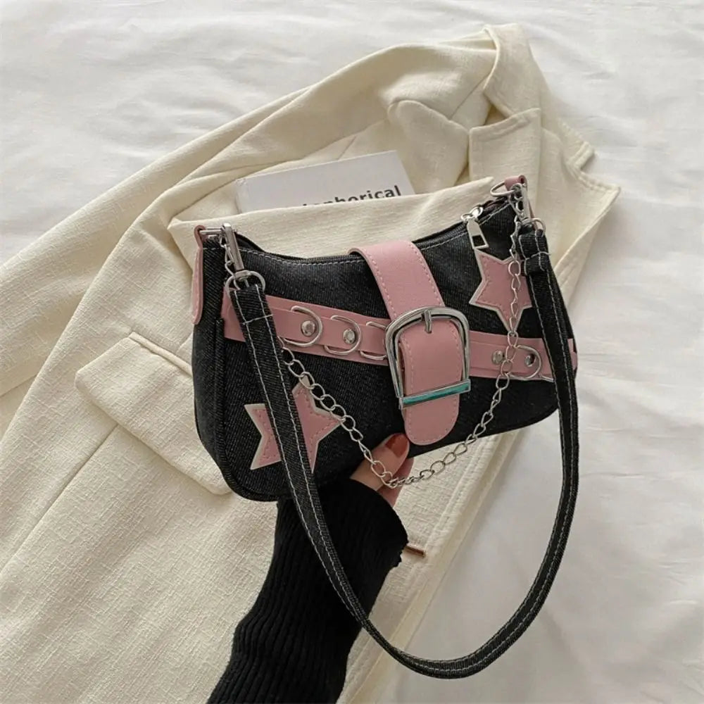 Y2K Star Print Denim Underarm Bag | Women's Chain Shoulder Clutch