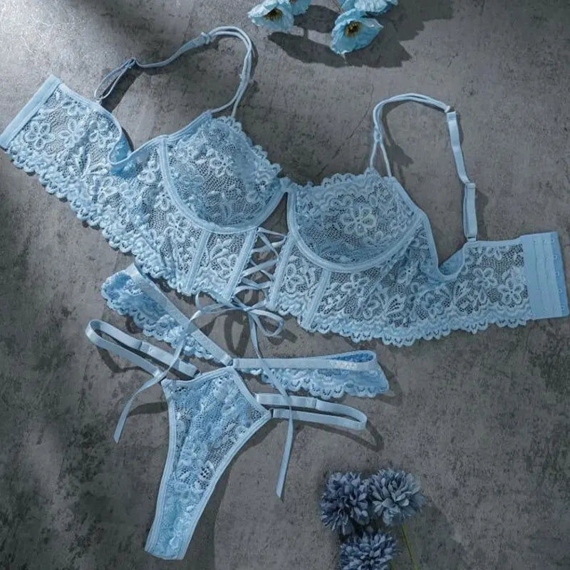 Transparent Black Lace Bra & Brief Set | Sensual Floral Underwire Lingerie