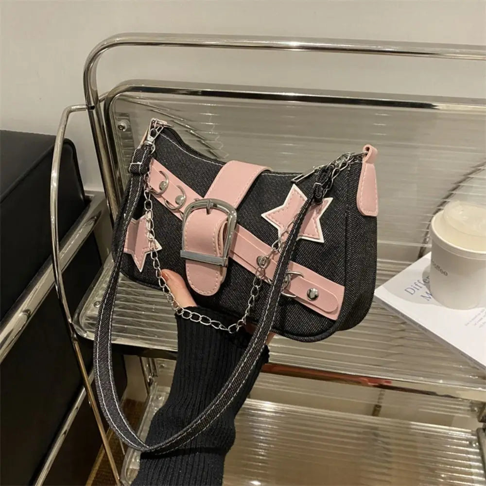 Y2K Star Print Denim Underarm Bag | Women's Chain Shoulder Clutch