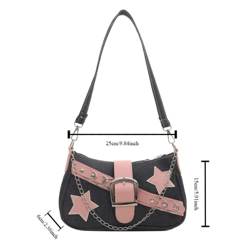 Y2K Star Print Denim Underarm Bag | Women's Chain Shoulder Clutch