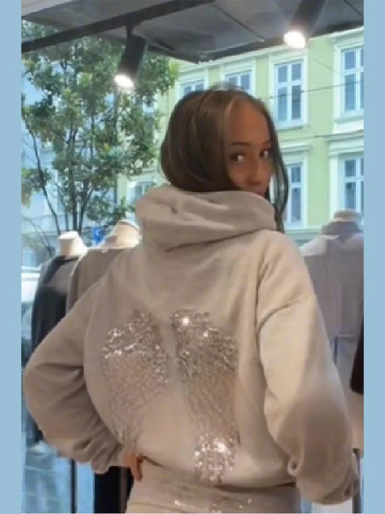 Women's Sequin Angel Wings Hoodie | Y2K Oversized Pullover Jacket
