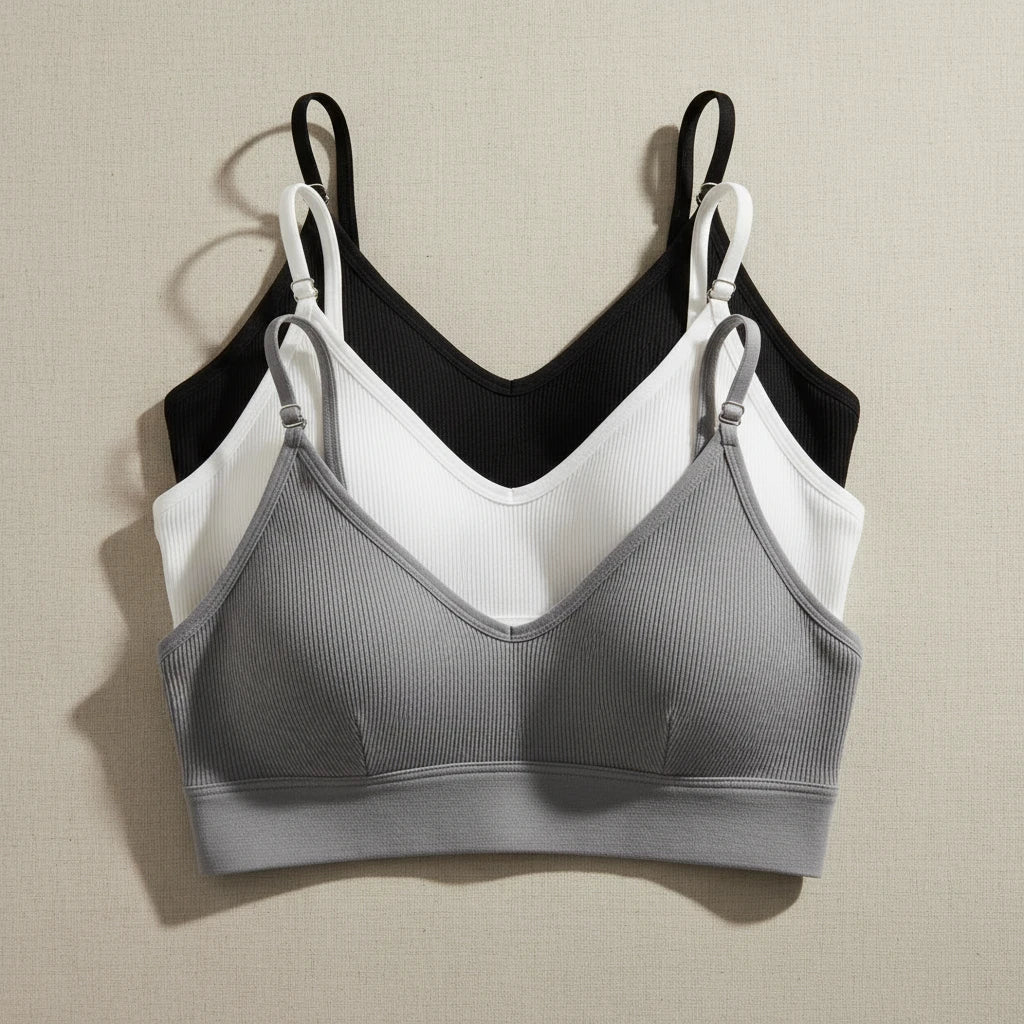 Ribbed V-Neck Bralette for Women – Wireless No-Pad Adjustable Strap Daily Wear Tube Top