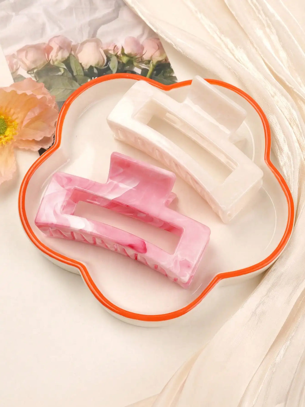 Large Marble Hair Claw Clips Set (2 pcs) | Strong Hold Banana Jaw Clips for Thick Hair