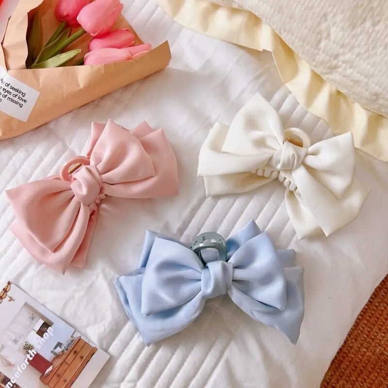 Cream Large Bow Shark Clip for Women – Korean Style Elegant Chiffon Hair Clamp