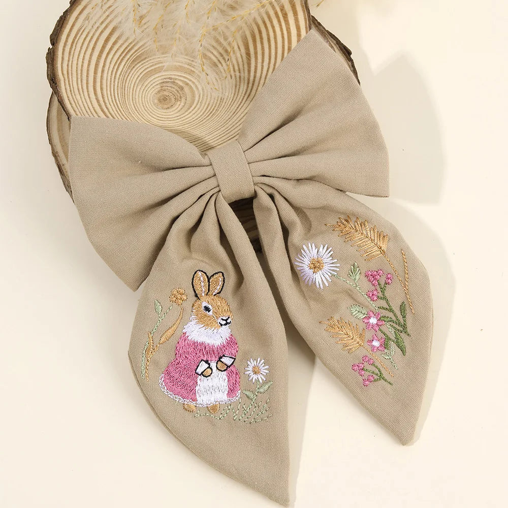 Rabbit Embroidery Bow Hair Clip for Girls – Handmade Bunny Fabric Barrette Kids Accessory
