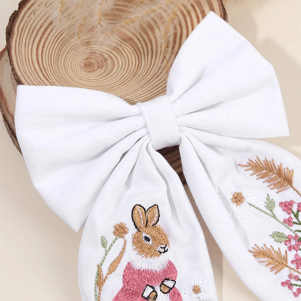 Rabbit Embroidery Bow Hair Clip for Girls – Handmade Bunny Fabric Barrette Kids Accessory