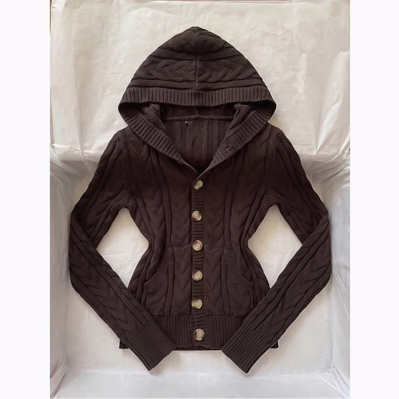 Women's Korean Slim-Fit Hooded Sweater – Knit Long Sleeve Cardigan in Ancient Brown