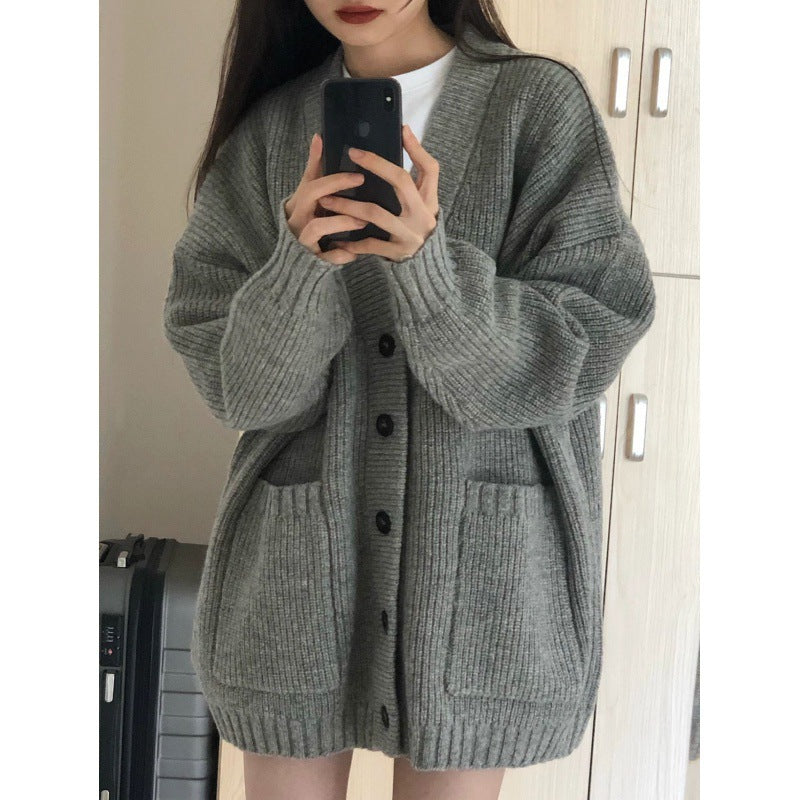 Women's Korean-Style Loose Knit Cardigan – Pocket Detail Sweater Jacket