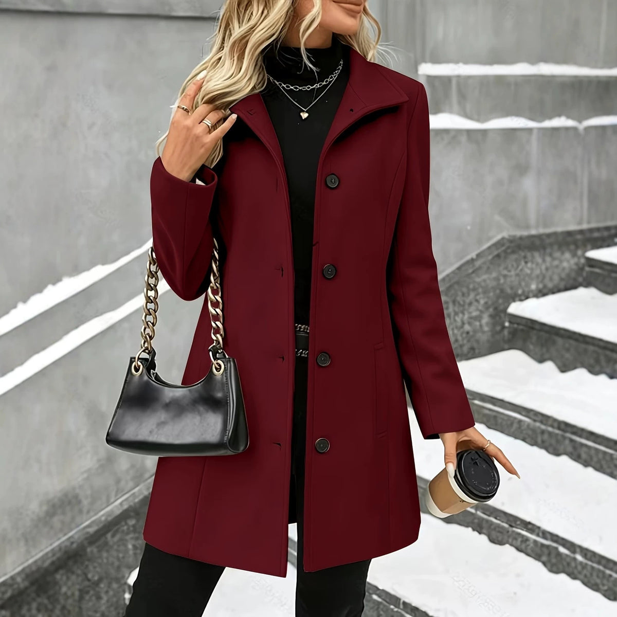 Women’s Mid-Length Wool Blend Coat – Slim Fit