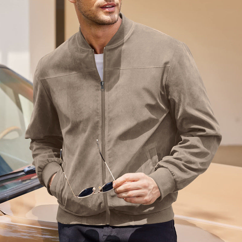 Men's Suede-Look Stand Collar Zip Jacket