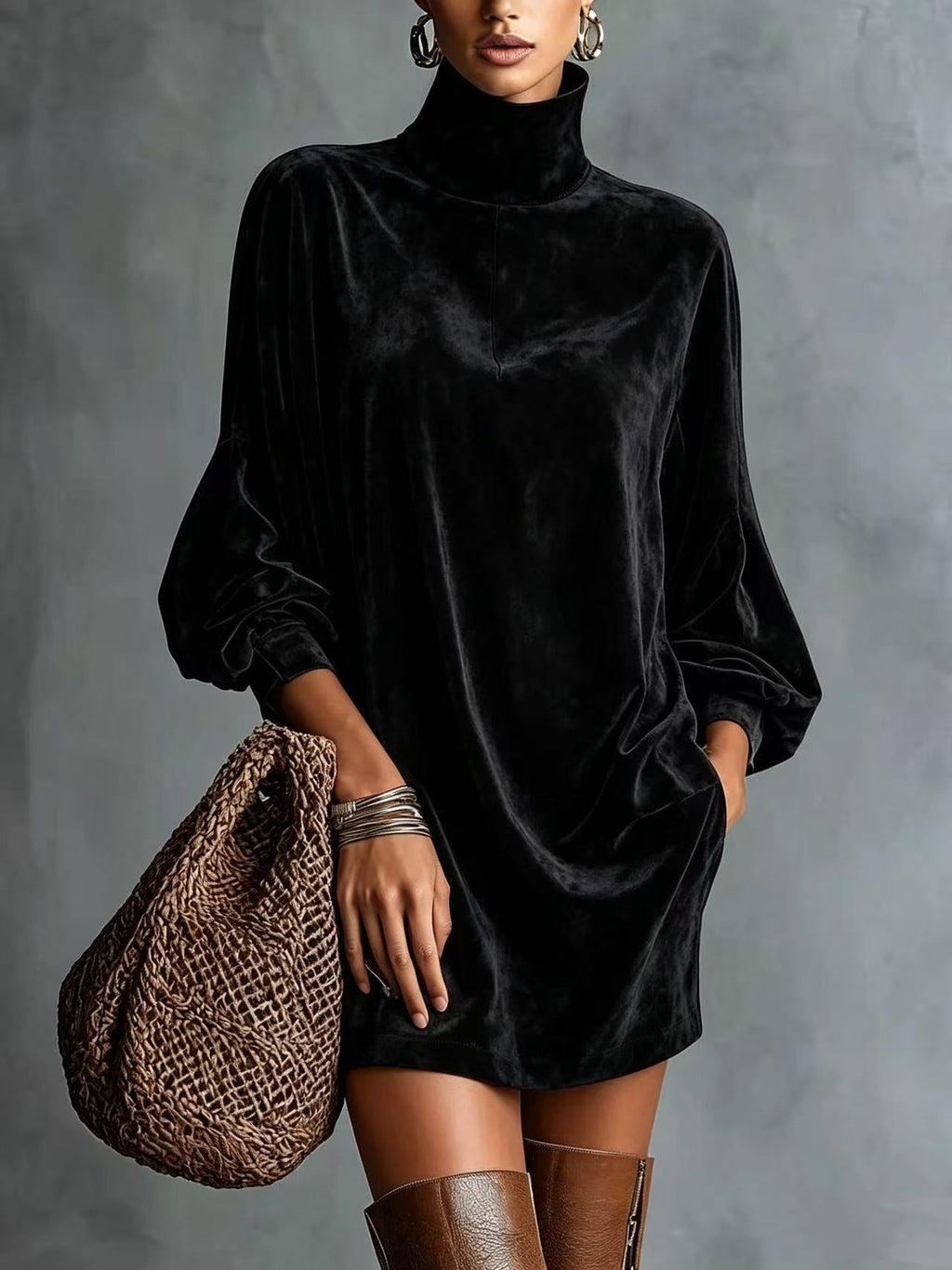 Faux Suede Retro Lapel Mini Dress | Women's Long Sleeve A-Line
