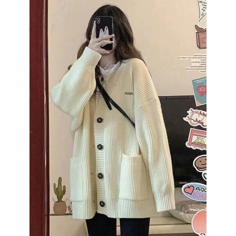 Women's Korean-Style Loose Knit Cardigan – Pocket Detail Sweater Jacket