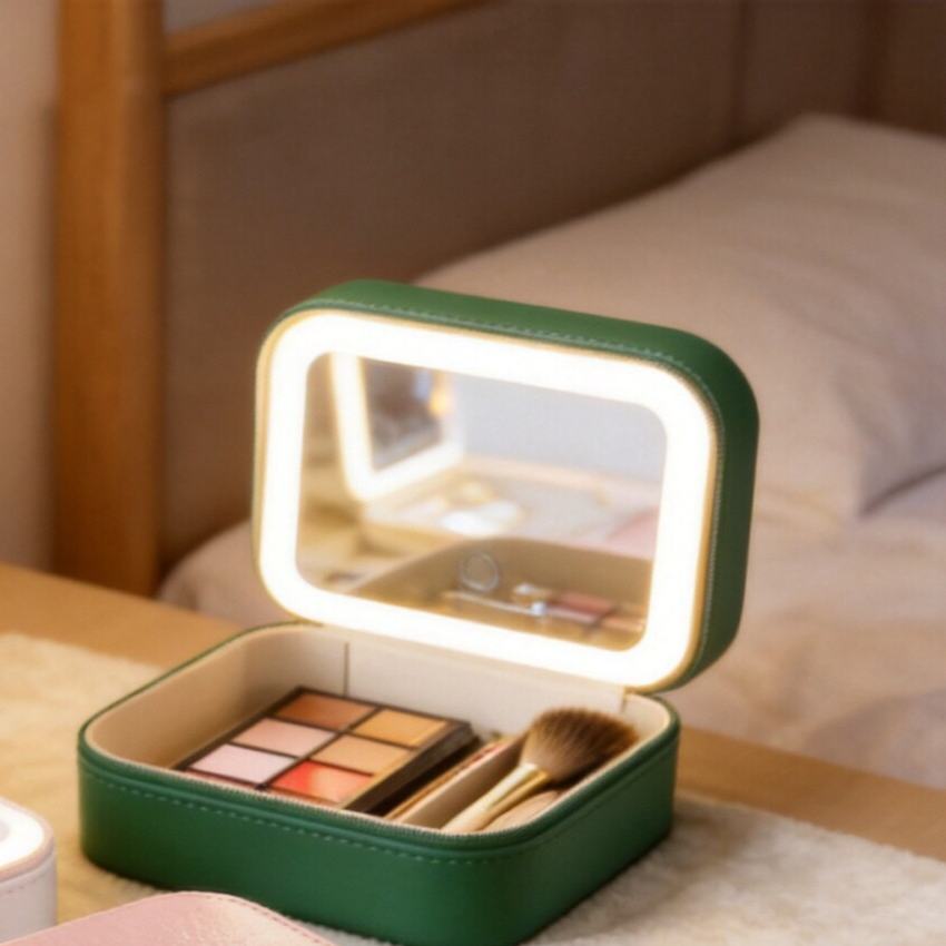 LED Lighted Makeup Bag with Mirror – Portable Vanity Case for Travel | Pink, Green & White