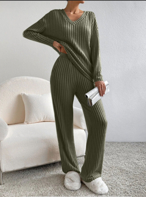 Women's Knit Two-Piece Set – V-Neck Sweater Top & Straight-Leg Pants | Korean Style