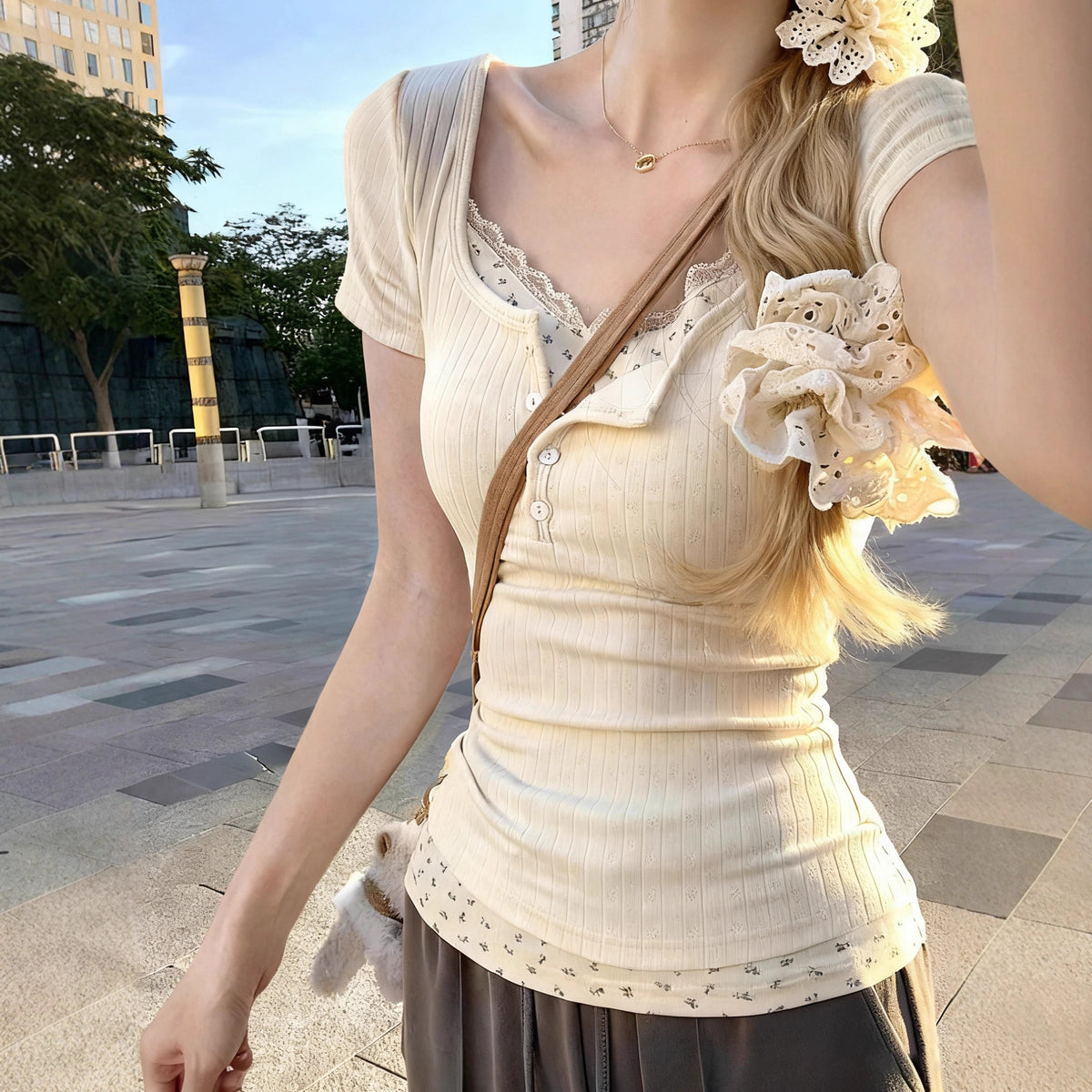 Lace Trim Floral Print Slim Fit Top | Elegant V-Neck Women's Shirt