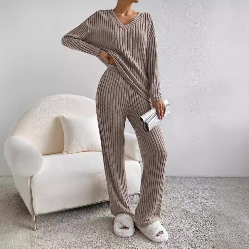 Women's Knit Two-Piece Set – V-Neck Sweater Top & Straight-Leg Pants | Korean Style