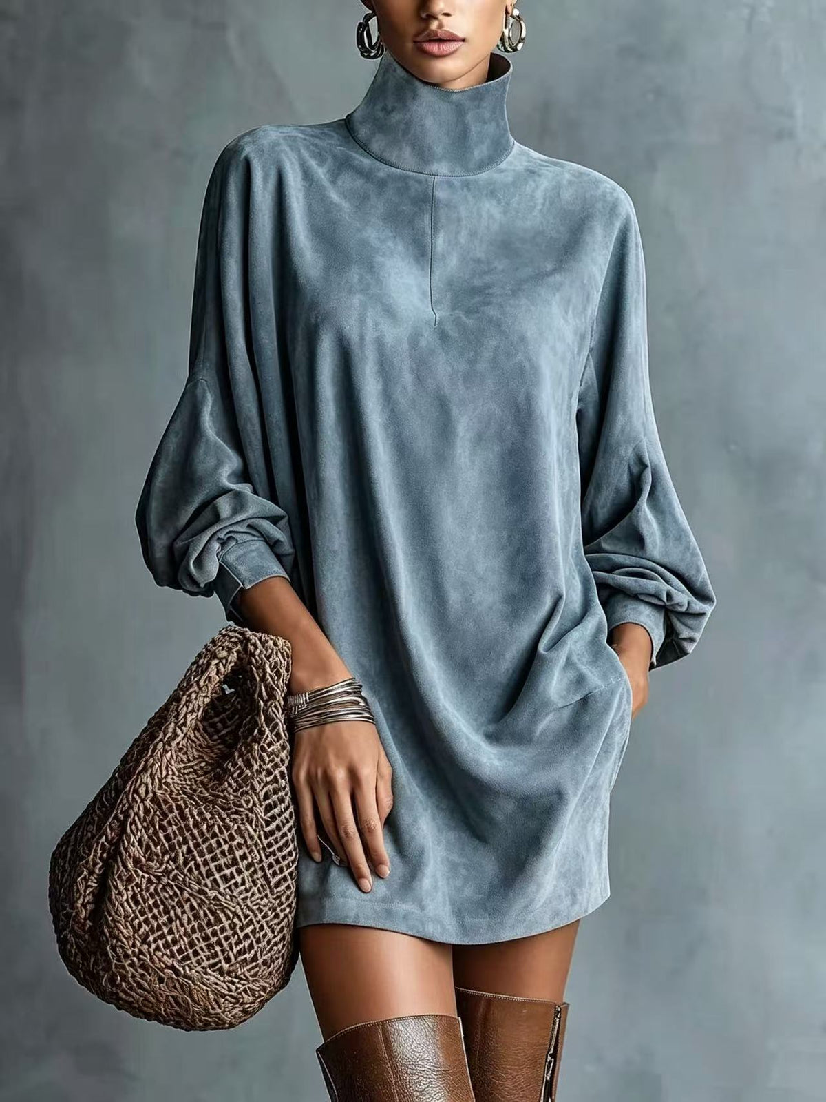Faux Suede Retro Lapel Mini Dress | Women's Long Sleeve A-Line
