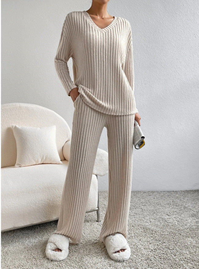 Women's Knit Two-Piece Set – V-Neck Sweater Top & Straight-Leg Pants | Korean Style