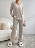 Women's Knit Two-Piece Set – V-Neck Sweater Top & Straight-Leg Pants | Korean Style