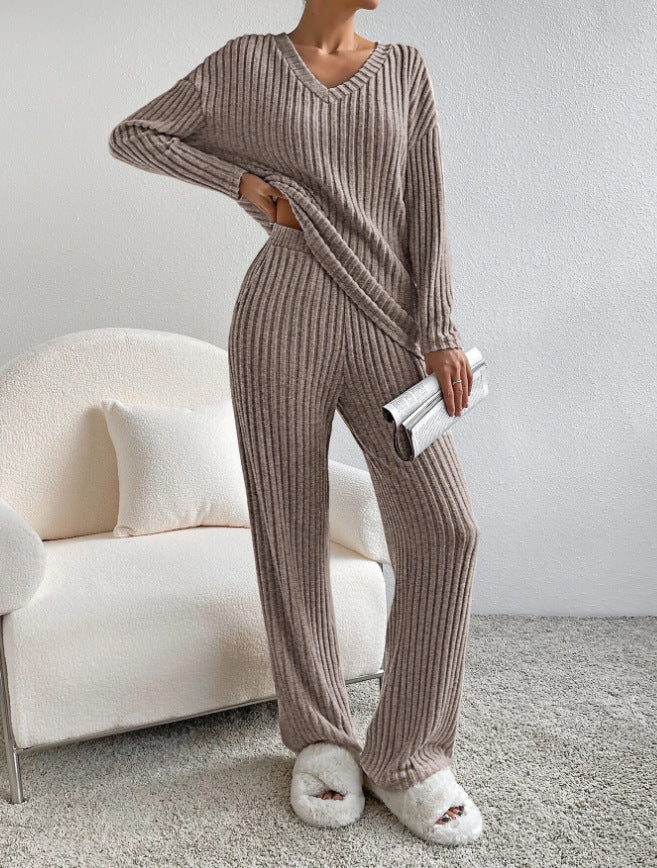 Women's Knit Two-Piece Set – V-Neck Sweater Top & Straight-Leg Pants | Korean Style