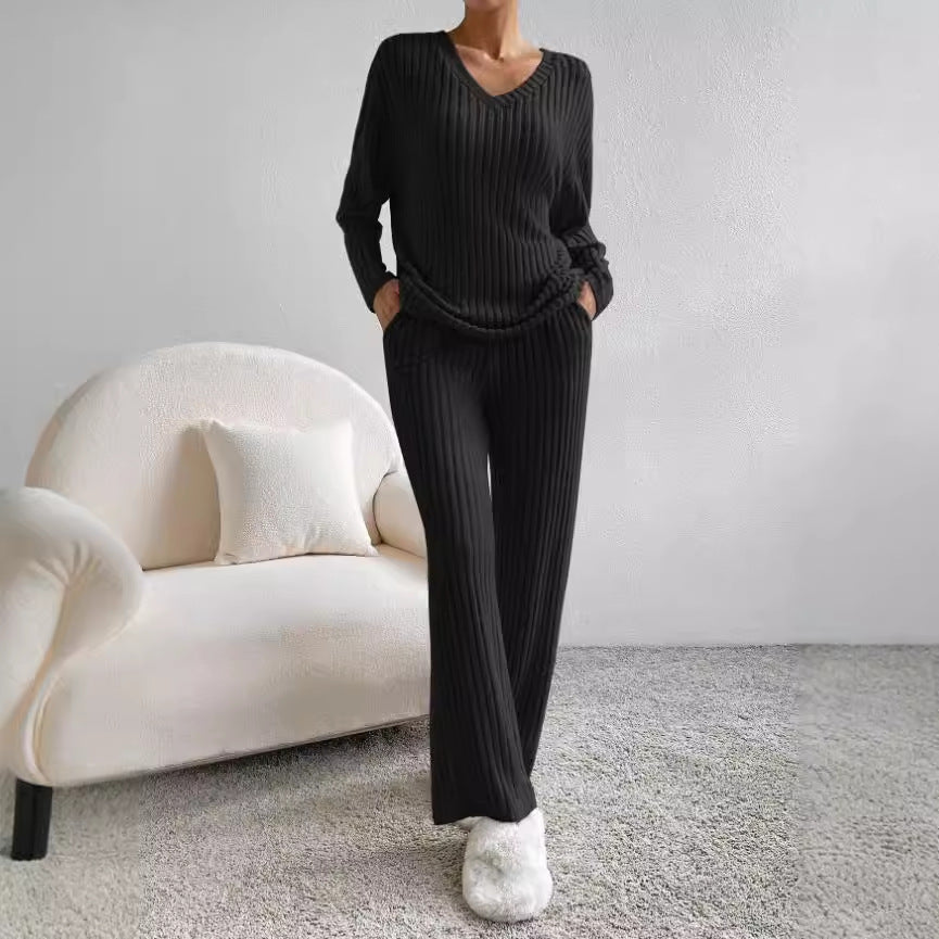 Women's Knit Two-Piece Set – V-Neck Sweater Top & Straight-Leg Pants | Korean Style
