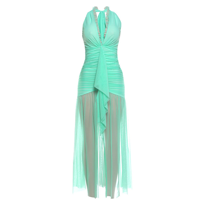 Women’s Pleated Mesh Dress – V-Neck Halter