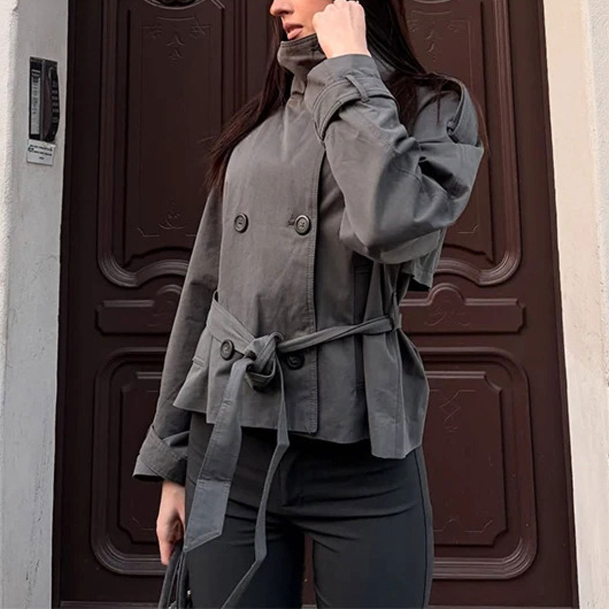 Women's Belted Short Trench Coat – High Collar, Lace-Up Detail | Sizes S–3XL