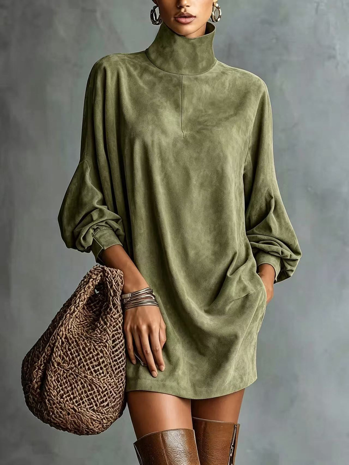 Faux Suede Retro Lapel Mini Dress | Women's Long Sleeve A-Line