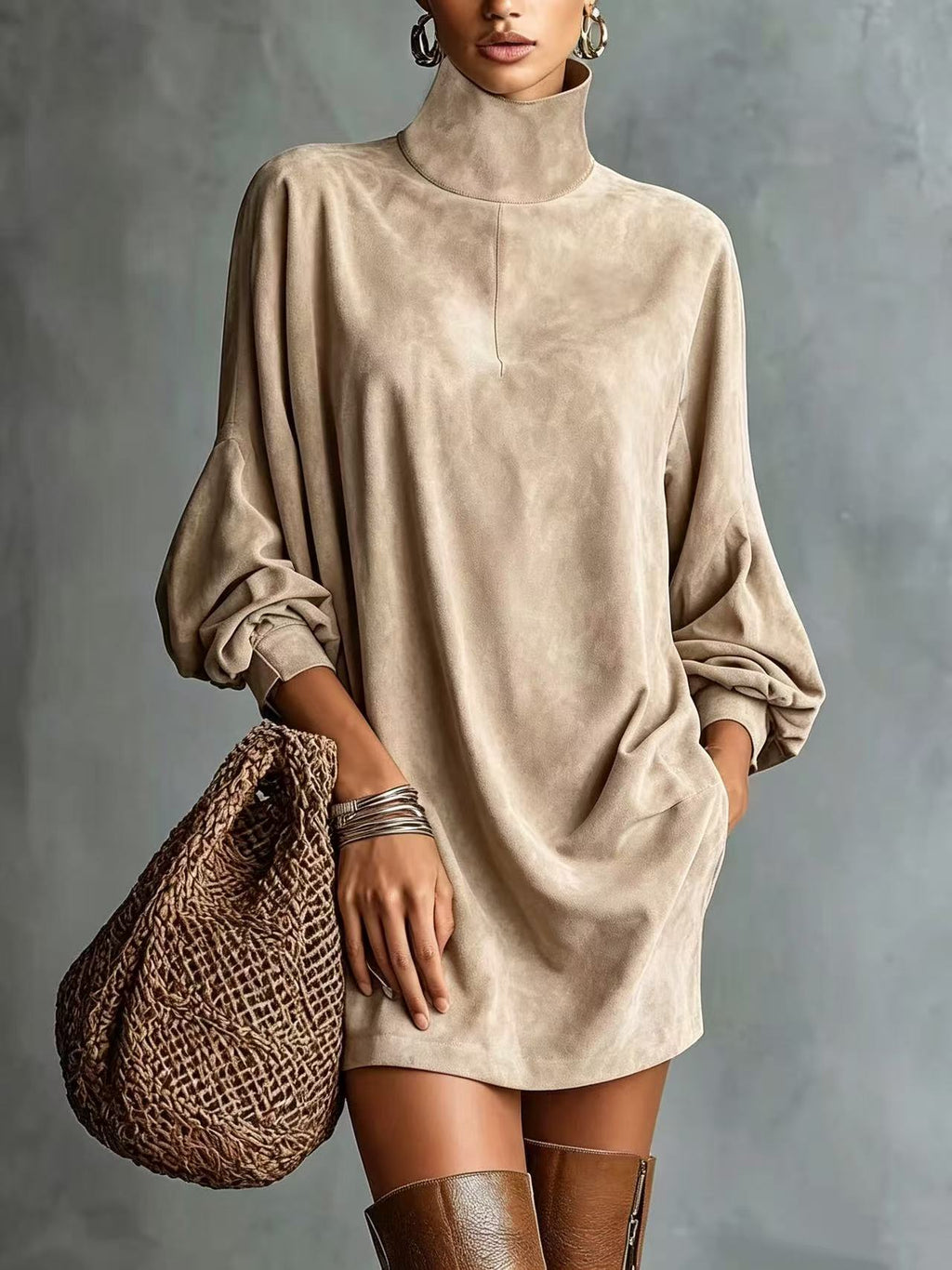 Faux Suede Retro Lapel Mini Dress | Women's Long Sleeve A-Line