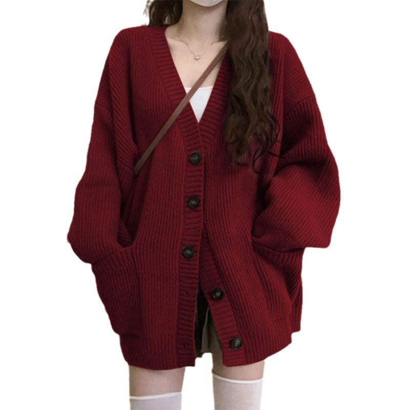 Women's Korean-Style Loose Knit Cardigan – Pocket Detail Sweater Jacket